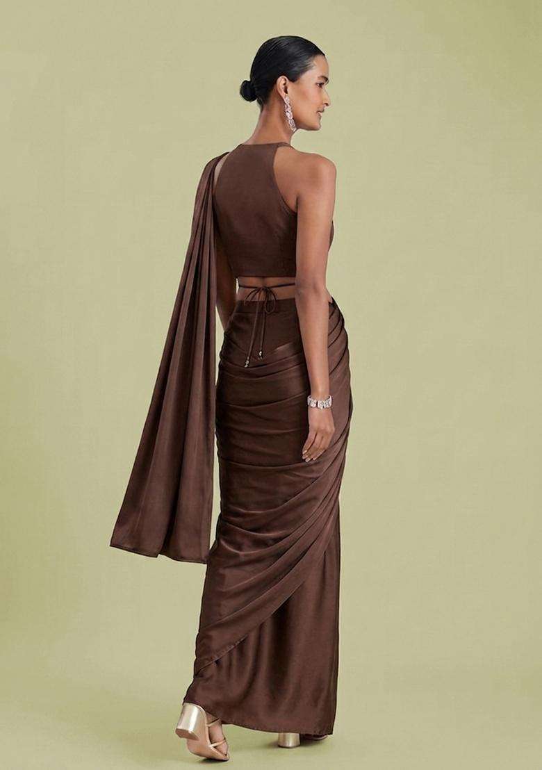 Brown Embroidered Handwork Pre Draped Saree Set - Indya
