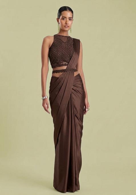 Brown Embroidered Handwork Pre Draped Saree Set