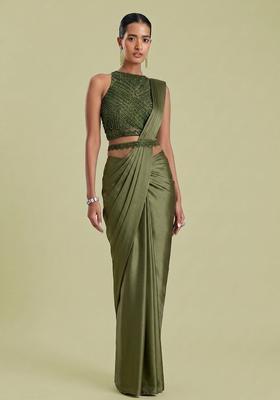 Green Embroidered Handwork Pre Draped Saree Set