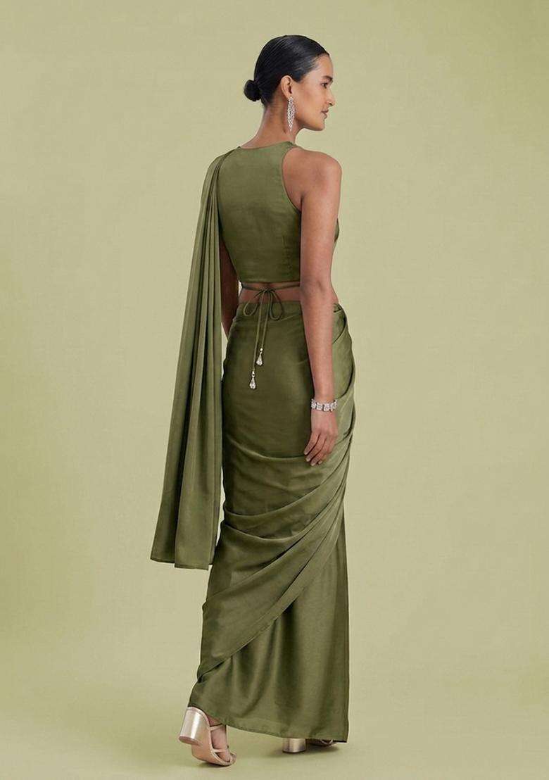 Green Embroidered Handwork Pre Draped Saree Set - Indya