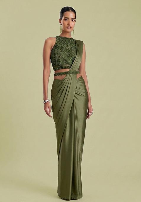 Green Embroidered Handwork Pre Draped Saree Set