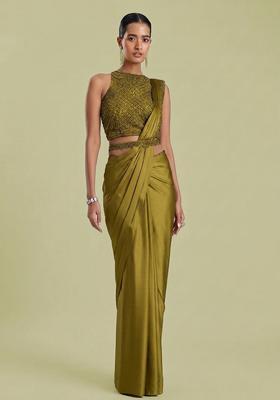Olive Embroidered Handwork Pre Draped Saree Set