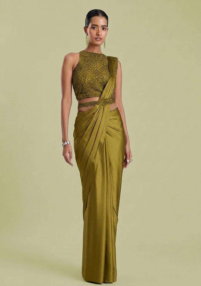 Olive Embroidered Handwork Pre Draped Saree Set - Indya