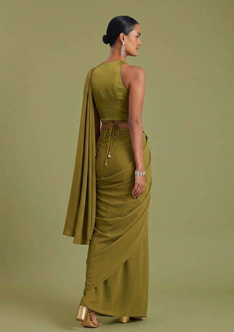 Olive Embroidered Handwork Pre Draped Saree Set - Indya