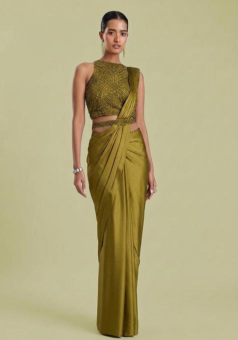 Olive Embroidered Handwork Pre Draped Saree Set
