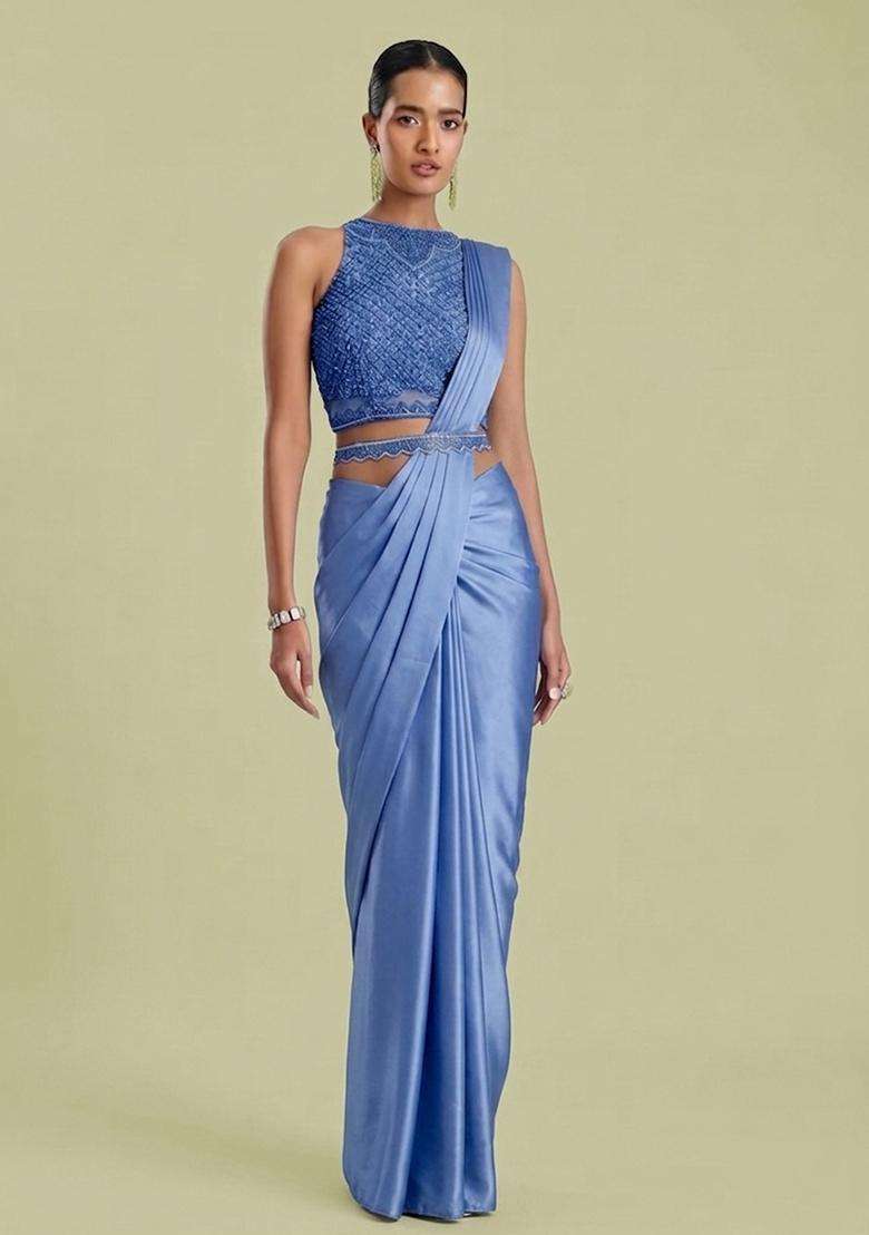 Powder Blue Embroidered Handwork Pre Draped Saree Set - Indya