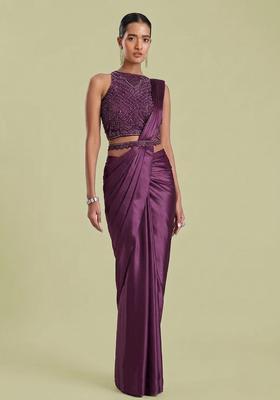 Purple Embroidered Handwork Pre Draped Saree Set