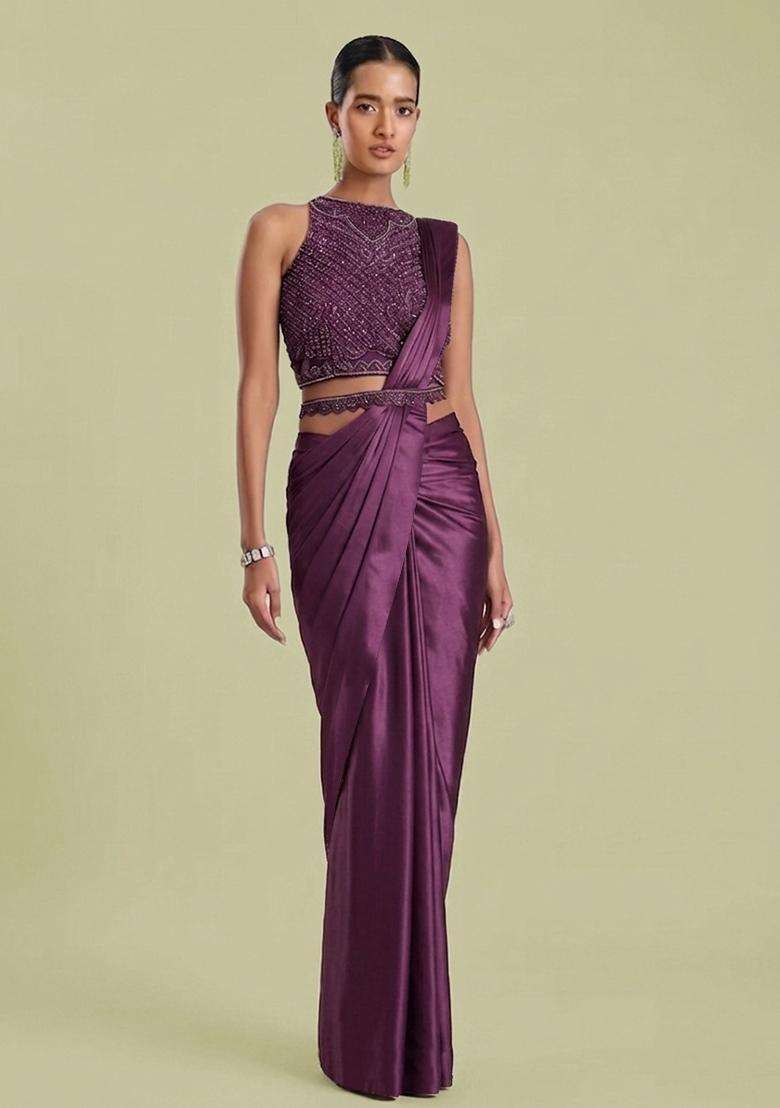 Purple Embroidered Handwork Pre Draped Saree Set - Indya