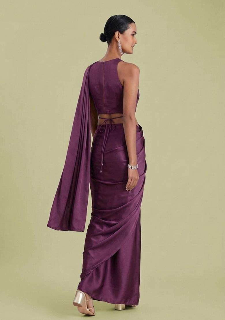 Purple Embroidered Handwork Pre Draped Saree Set - Indya