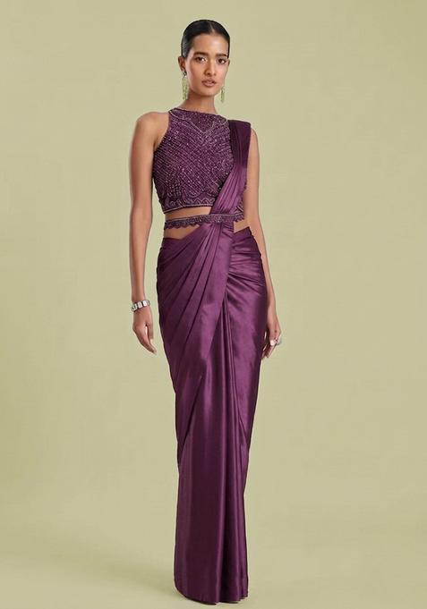 Purple Embroidered Handwork Pre Draped Saree Set