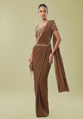Chocolate Brown Embroidered Handwork Pre Draped Saree Set