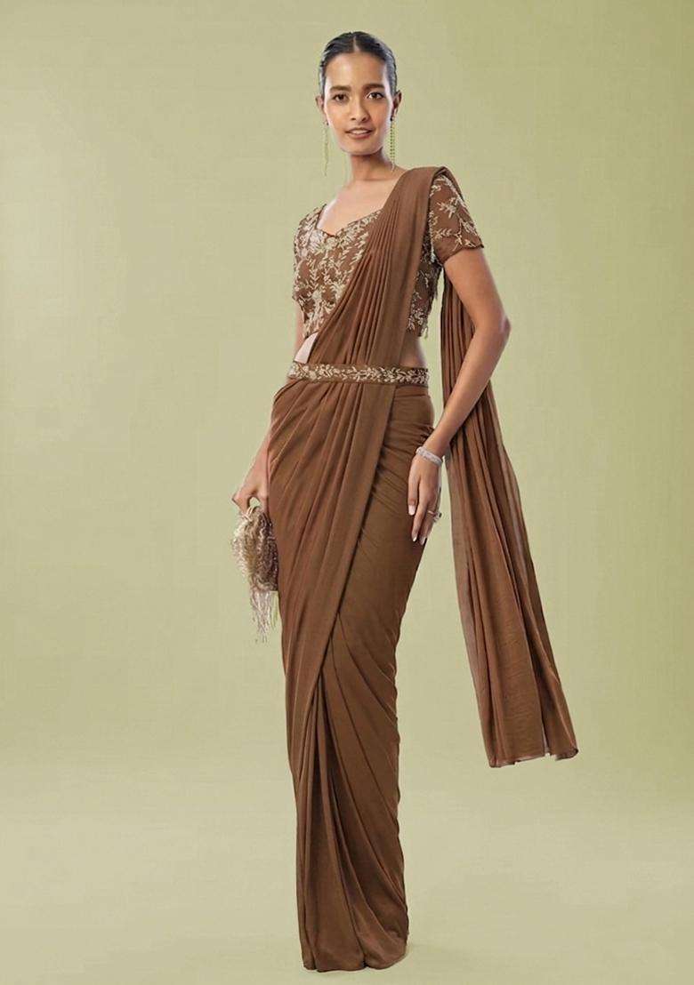 Chocolate Brown Embroidered Handwork Pre Draped Saree Set - Indya