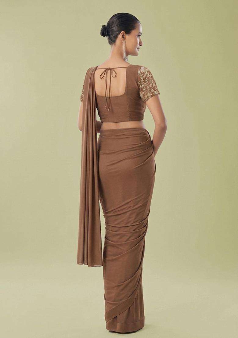 Chocolate Brown Embroidered Handwork Pre Draped Saree Set - Indya