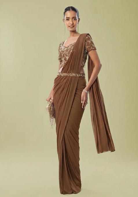Chocolate Brown Embroidered Handwork Pre Draped Saree Set