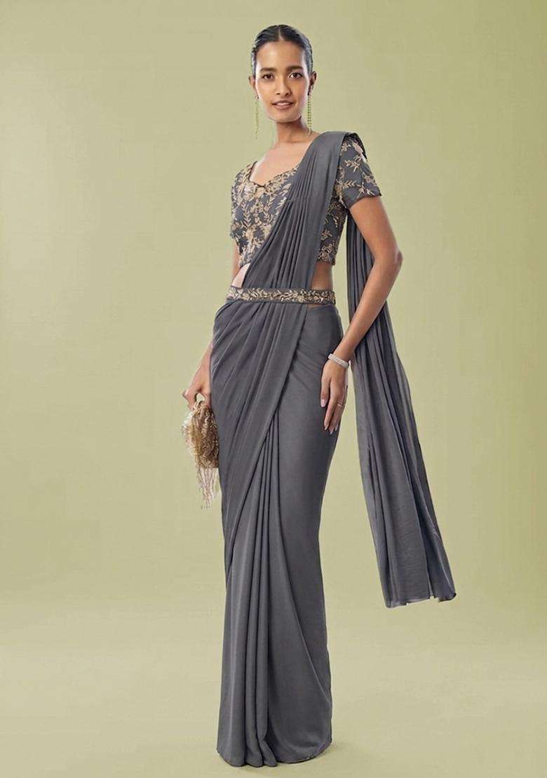 Grey Embroidered Handwork Pre Draped Saree Set - Indya