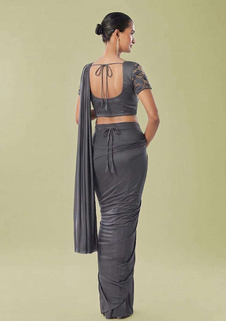 Grey Embroidered Handwork Pre Draped Saree Set - Indya