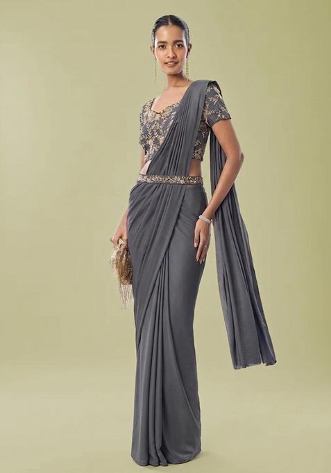 Grey Embroidered Handwork Pre Draped Saree Set