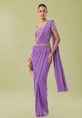 Lavender Embroidered Handwork Pre Draped Saree Set