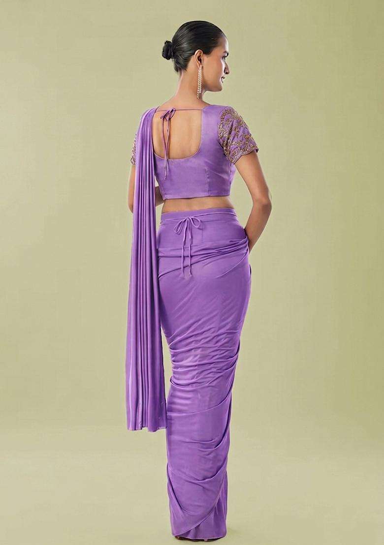 Lavender Embroidered Handwork Pre Draped Saree Set - Indya