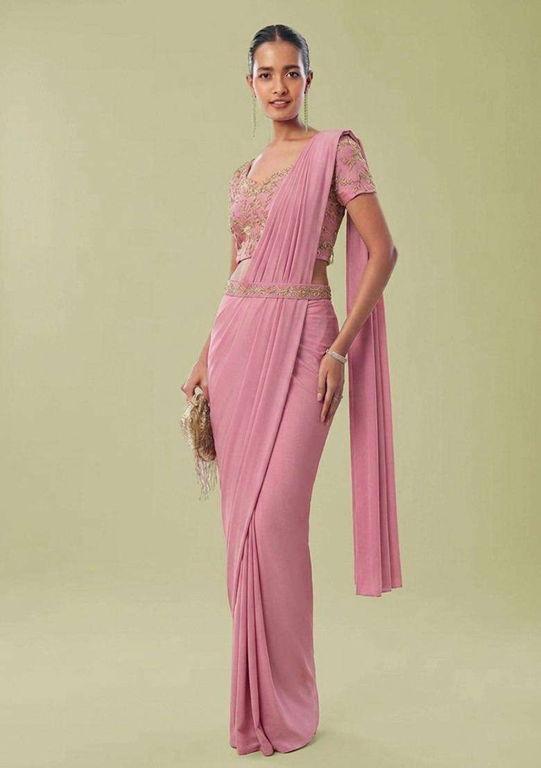 Light Pink Embroidered Handwork Pre Draped Saree Set - Indya