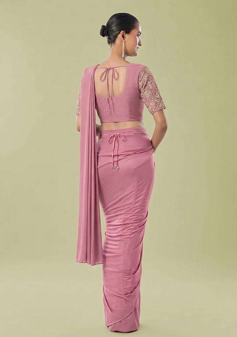 Light Pink Embroidered Handwork Pre Draped Saree Set - Indya