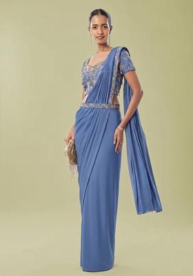 Powder Blue Embroidered Handwork Pre Draped Saree Set