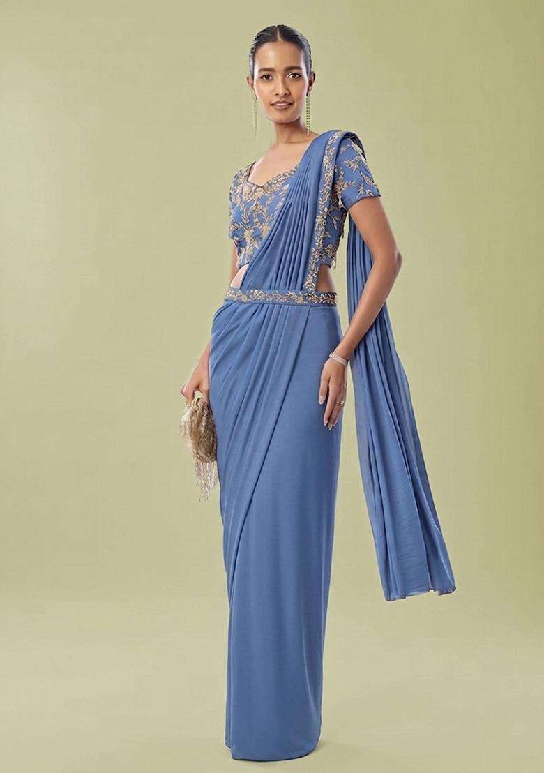 Powder Blue Embroidered Handwork Pre Draped Saree Set - Indya