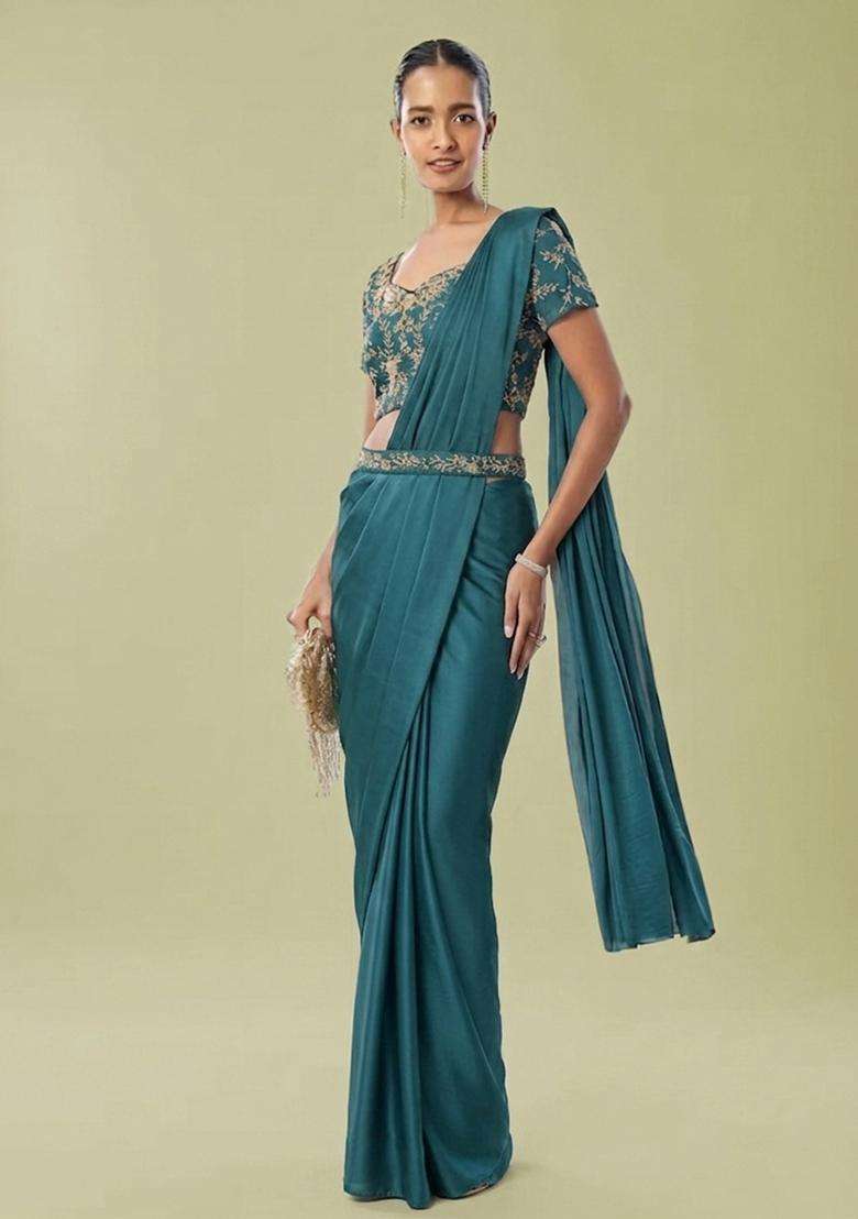 Teal Embroidered Handwork Pre Draped Saree Set - Indya