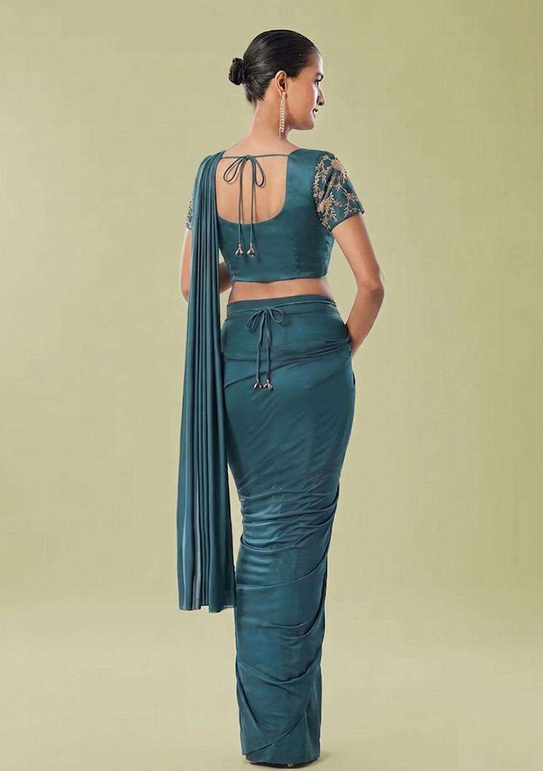 Teal Embroidered Handwork Pre Draped Saree Set - Indya