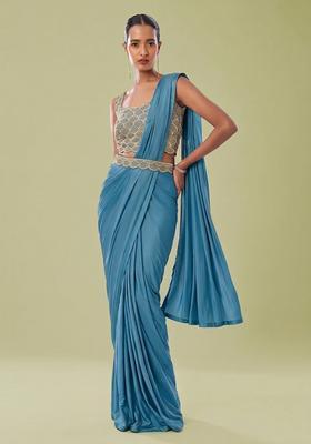 Steel Blue Embroidered Handwork Pre Draped Saree Set