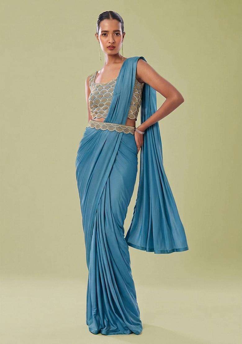 Steel Blue Embroidered Handwork Pre Draped Saree Set - Indya
