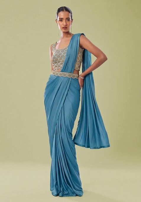 Steel Blue Embroidered Handwork Pre Draped Saree Set