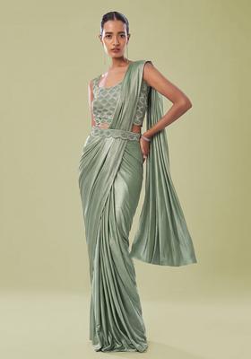 Green Embroidered Handwork Pre Draped Saree Set