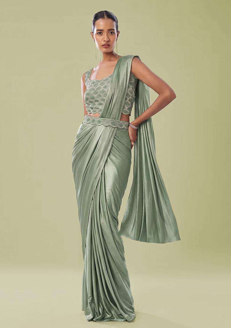 Green Embroidered Handwork Pre Draped Saree Set - Indya