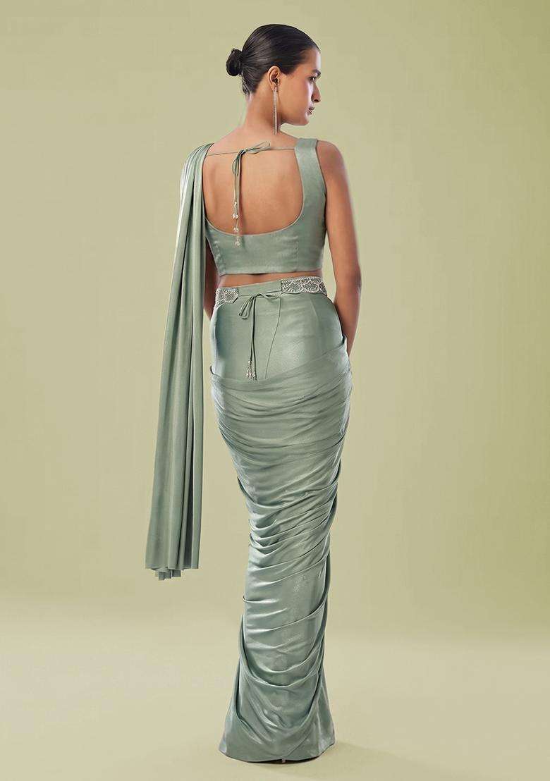 Green Embroidered Handwork Pre Draped Saree Set - Indya