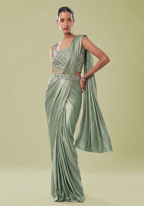 Green Embroidered Handwork Pre Draped Saree Set