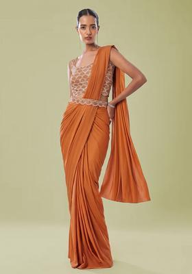 Orange Embroidered Handwork Pre Draped Saree Set