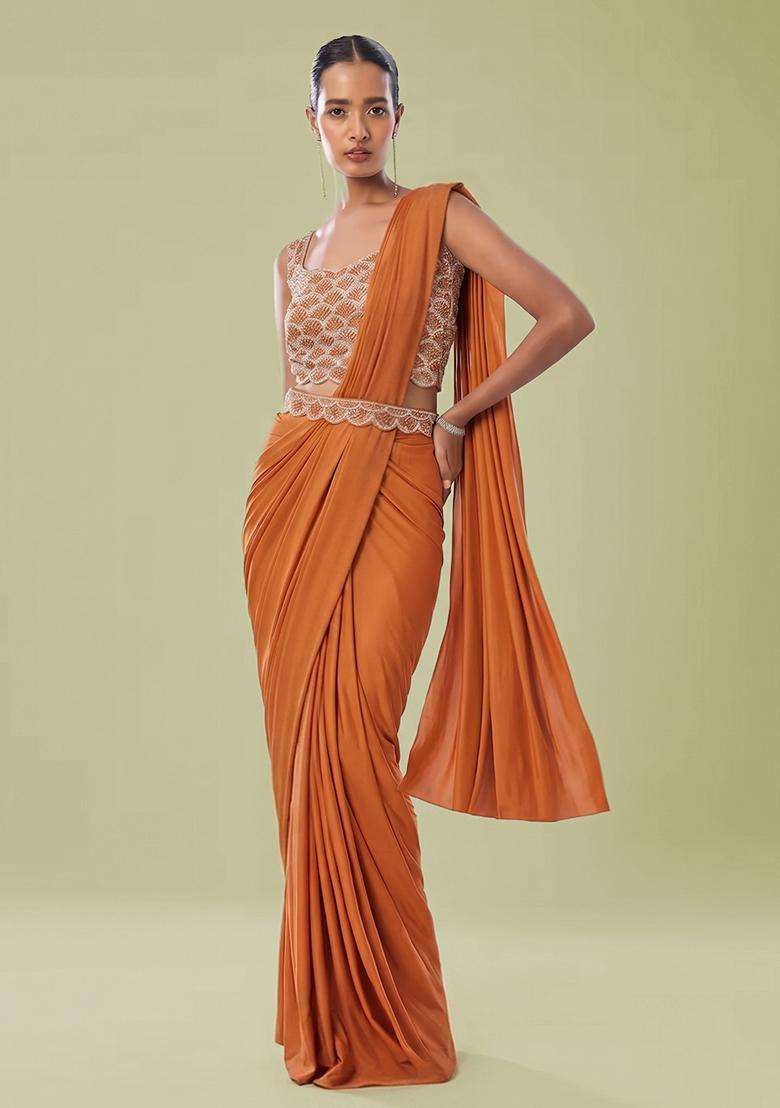 Orange Embroidered Handwork Pre Draped Saree Set - Indya