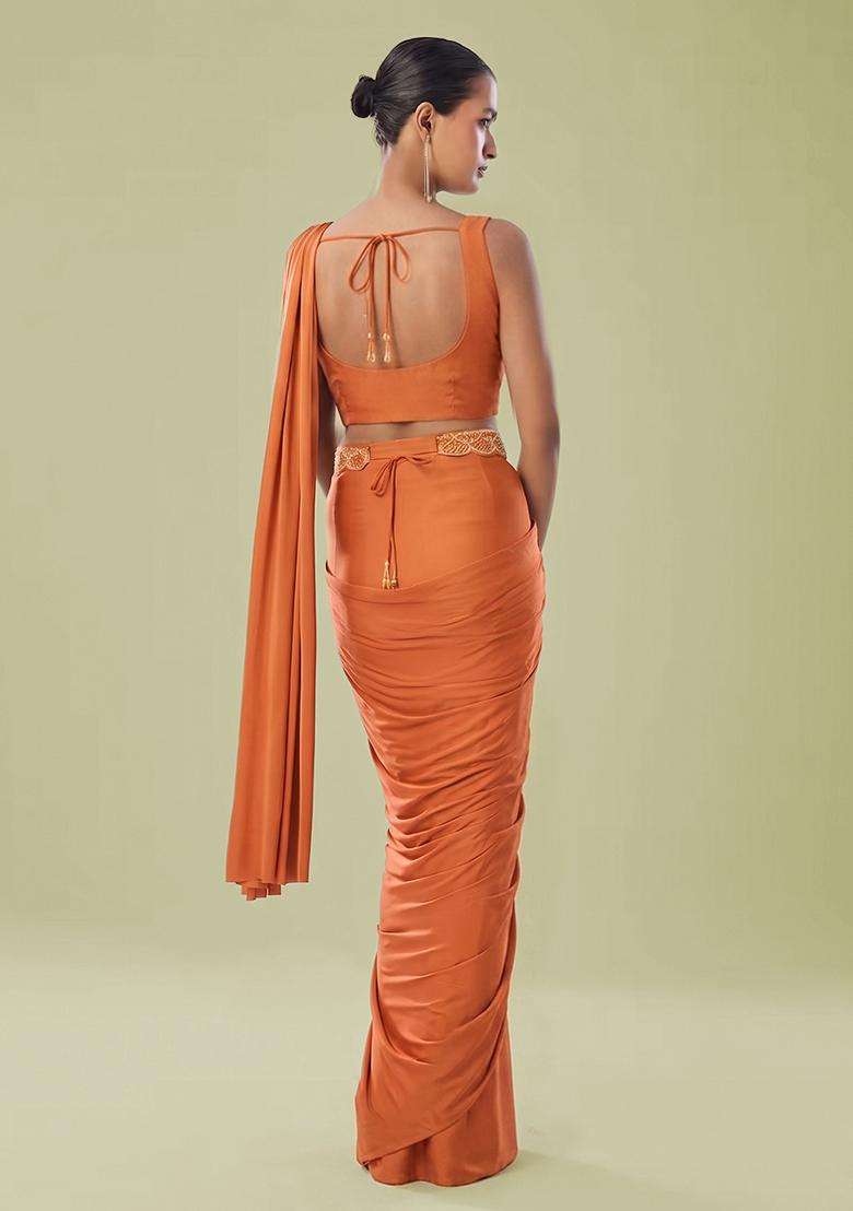 Orange Embroidered Handwork Pre Draped Saree Set - Indya