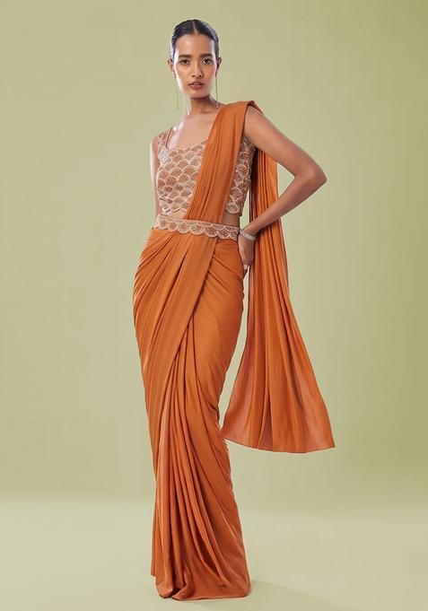 Orange Embroidered Handwork Pre Draped Saree Set