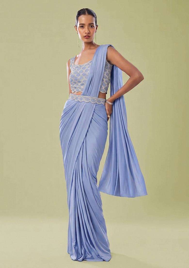 Powder Blue Embroidered Handwork Pre Draped Saree Set - Indya