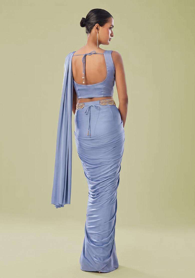 Powder Blue Embroidered Handwork Pre Draped Saree Set - Indya