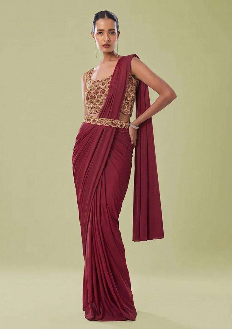 Red Embroidered Handwork Pre Draped Saree Set - Indya