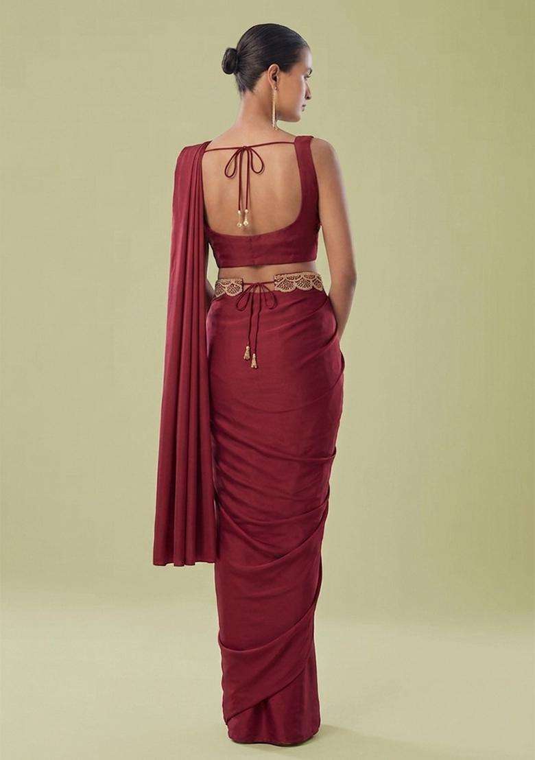 Red Embroidered Handwork Pre Draped Saree Set - Indya