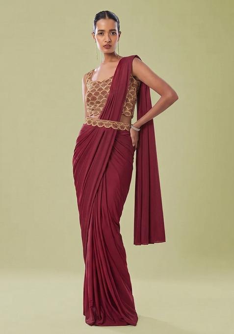 Red Embroidered Handwork Pre Draped Saree Set