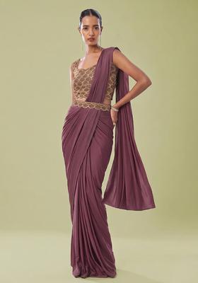 Wine Embroidered Handwork Pre Draped Saree Set