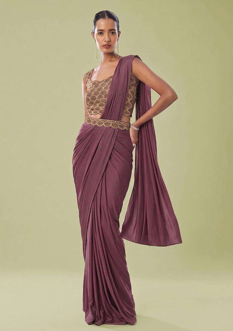 Wine Embroidered Handwork Pre Draped Saree Set - Indya