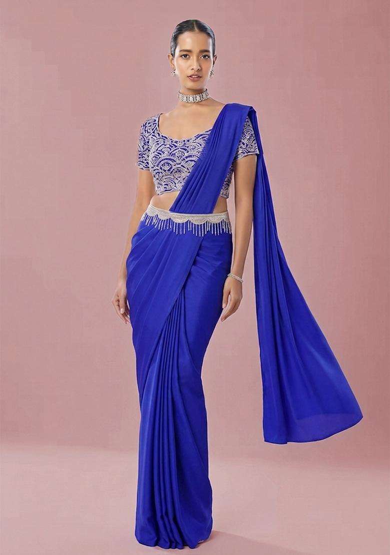 Royal Blue Embroidered Handwork Pre Draped Saree Set - Indya