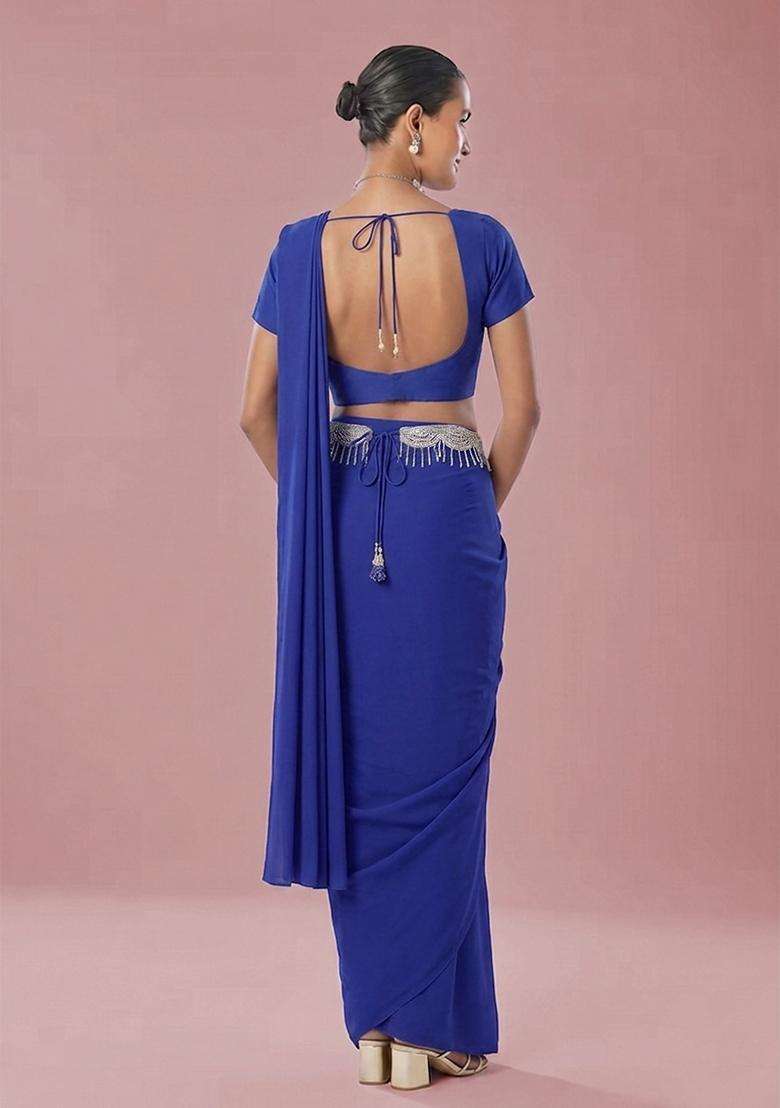 Royal Blue Embroidered Handwork Pre Draped Saree Set - Indya