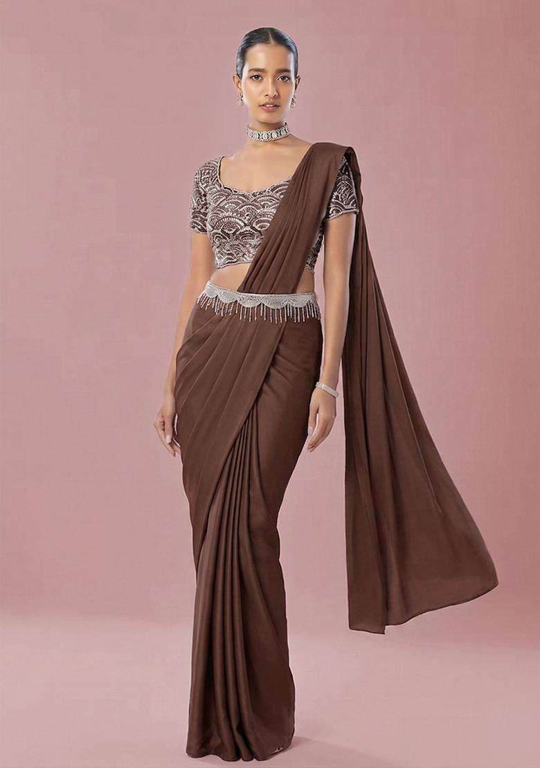 Brown Embroidered Handwork Pre Draped Saree Set - Indya